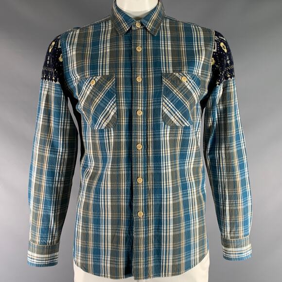 NANAMICA Size L Blue Taupe Plaid Cotton Patch Pockets Long Sleeve Shirt - Picture 1 of 6